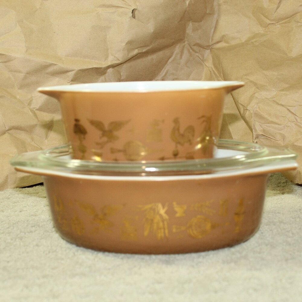 Vintage Pyrex - 3 pc Brown Early American Oval Casserole 043 1.5 QT. w Lid /473